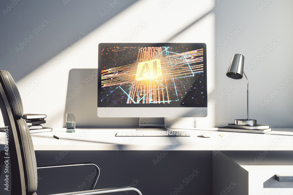 Leinwandbilder Modern computer monitor with creative artificial Intelligence icon. Neural networks and machine learning concept. 3D Rendering