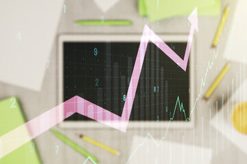 Multi exposure of abstract creative financial chart with upward arrow and digital tablet on...
