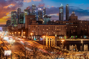 Moscow at night. Landscape of city of Russia. Moscow in winter evening. Bridge in evening capital...