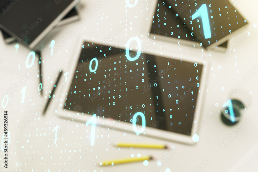 Leinwandbilder Creative abstract binary code sketch and modern digital tablet on background, hacking and matrix concept. Multiexposure