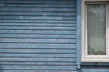 Rustic background. A blue wooden wall with a white window on the right.