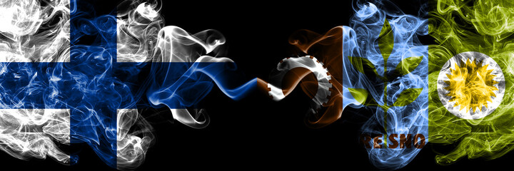 Naklejka premium Finland, Finnish vs United States of America, America, US, USA, American, Fresno, California smoky flags side by side.