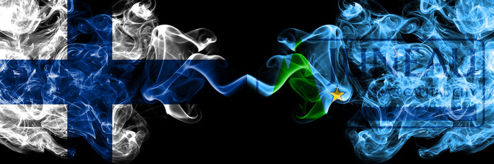 Finland, Finnish vs United States of America, America, US, USA, American, Juneau, Alaska smoky flags side by side.