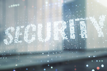 Virtual cyber security creative concept on blurry modern office building background. Double exposure