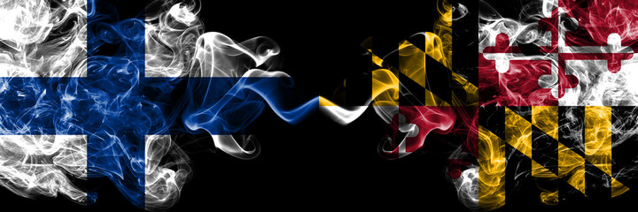 Finland, Finnish vs United States of America, America, US, USA, American, Maryland smoky flags side by side.