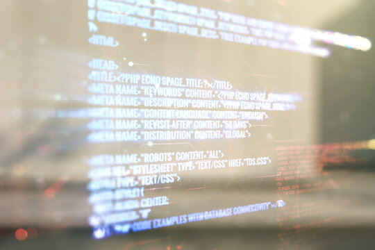 Multi exposure of abstract software development hologram on modern business center exterior background, research and analytics concept