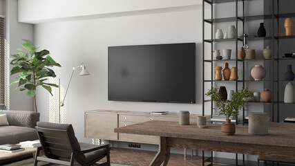 TV screen mock up on the white wall in modern living room.
