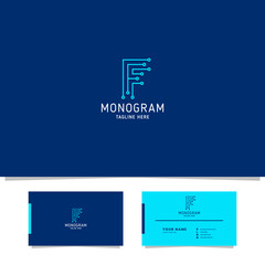 Bright blue electronic circuit letter F monogram initial logo with business card template