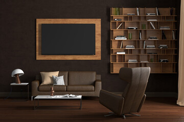 TV screen mock up on the brown wall in modern living room.