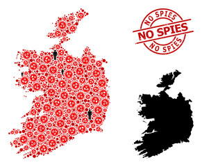 Collage map of Ireland Republic designed from virus icons and humans icons. No Spies scratched seal stamp. Black man items and red flu virus items. No Spies text is inside round stamp.