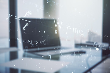 Creative scientific formula illustration on modern computer background, science and research concept. Multiexposure