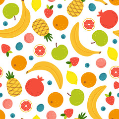 Modern abstract pattern with hand-drawn cartoon style summer tropical fruits. Vector illustration on a white background - pineapple, orange, banana, apple, lemon, pomegranate for children's textile