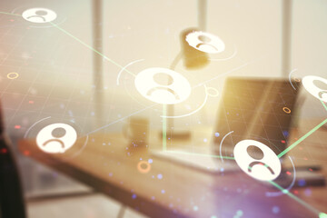 Fototapeta premium Social network media concept with modern computer on background. Double exposure