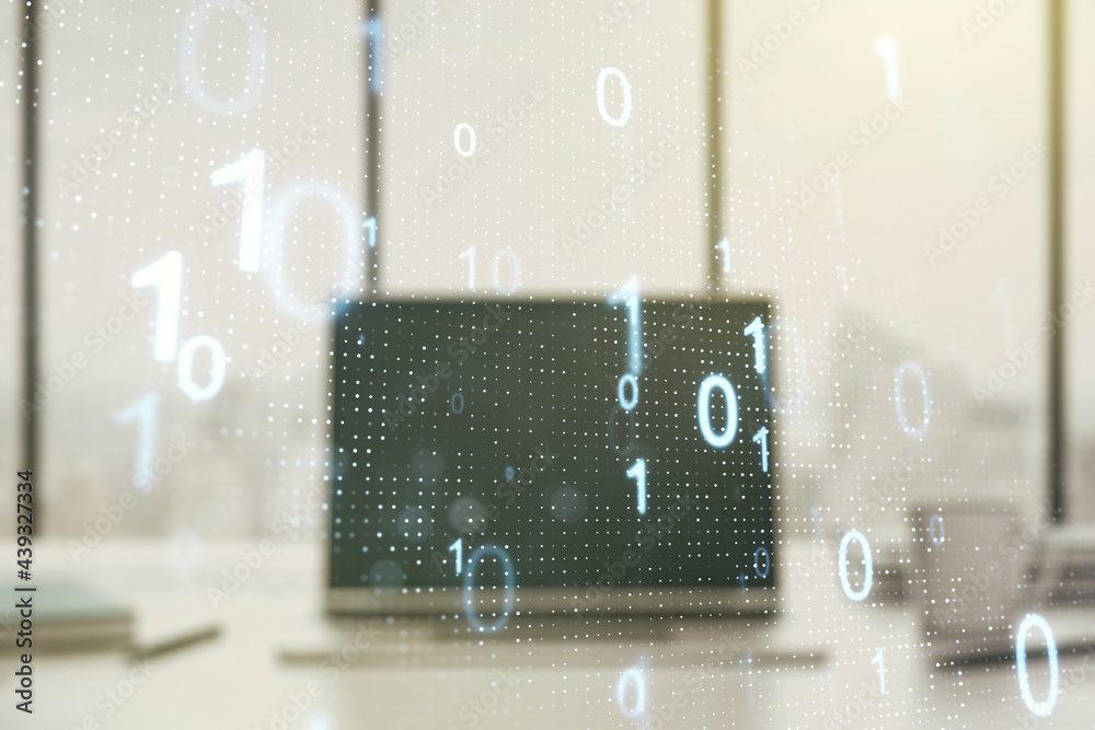 Poster creative concept of binary code illustration on modern laptop background. big data and coding concep