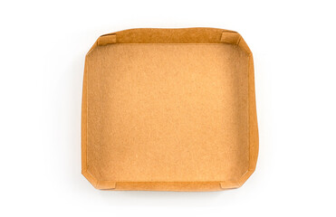 Top view square shape of brown paper or cardboard paper tray, the isolated image on white background. The concept for fresh organic products.