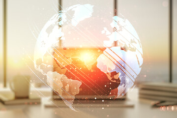 Double exposure of abstract digital world map on laptop background, research and strategy concept