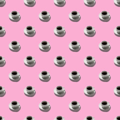 seamless looping pattern with white coffee cups and espresso. hard shadows on pink pastel background