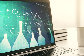 Creative chemistry illustration on modern computer monitor, science and research concept. 3D Rendering