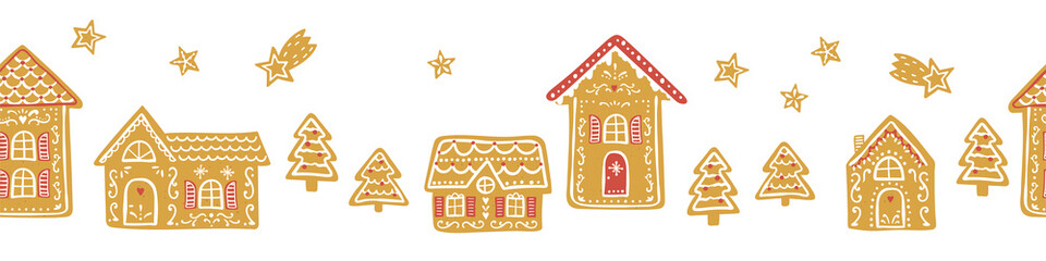 Cute hand drawn gingerbread houses seamless pattern, lovely doodle houses with many details, great for textiles, banners, wallpaper, wrapping - vector design - obrazy, fototapety, plakaty
