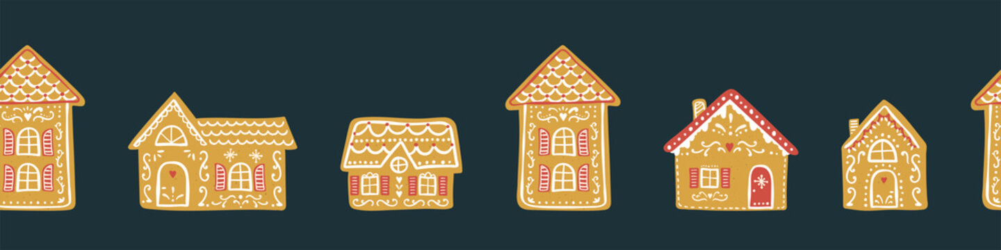 Cute hand drawn gingerbread houses seamless pattern, lovely doodle houses with many details, great for textiles, banners, wallpaper, wrapping - vector design