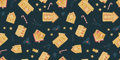 Cute hand drawn gingerbread houses seamless pattern, lovely doodle houses with many details, great for textiles, banners, wallpaper, wrapping - vector design