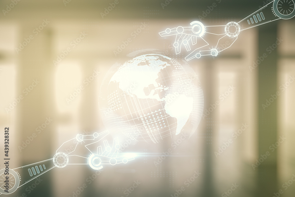 Aufkleber abstract virtual robotics technology hologram with globe sketch on empty corporate office background
