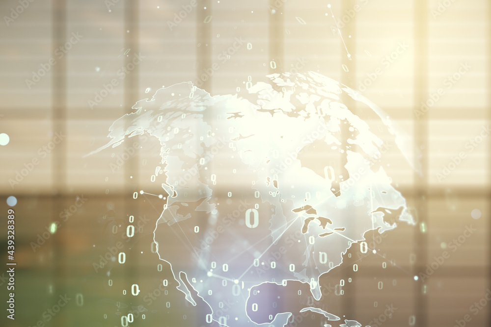 Aufkleber Abstract virtual coding illustration and world map on modern interior background, international software development concept. Multiexposure
