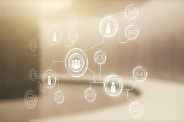 Double exposure of social network icons hologram on empty room interior background. Networking concept