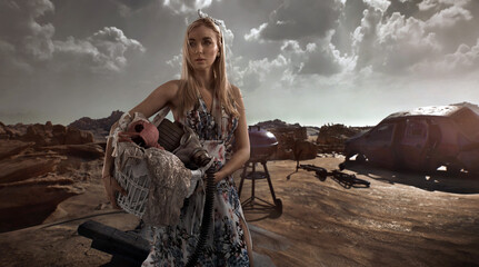 Post-apocalyptic beautiful blonde woman outdoor