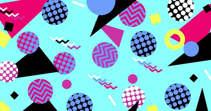 80s geometric shape inside circles rotate in a loop. Zoom in and out motion animation. Horizontal composition, 4k video quality