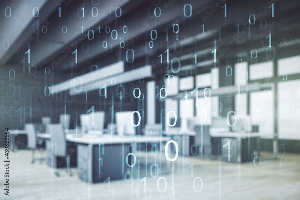 Poster abstract virtual binary code illustration on a modern furnished office background. big data and codi