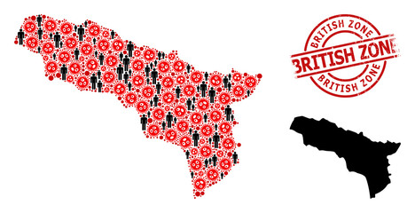 Obraz premium Collage map of Abkhazia constructed from virus outbreak elements and population icons. British Zone scratched watermark. Black people elements and red SARS virus icons.