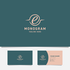 Handwritten letter E on circle monogram initial logo in pastel color with business card template