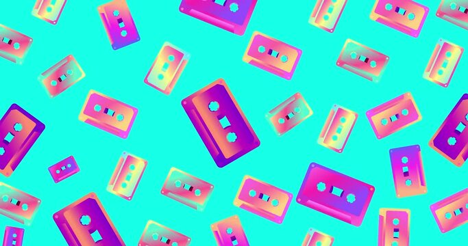 Cassette tapes rotates decreases and increases, seamless loop. Music cassettes for music tape recorders of the 70s - 90s. Horizontal composition, 4k video quality