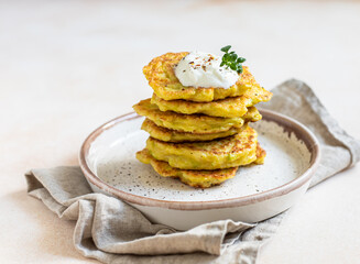 Stack of vegetable fritters or pancakes with yoghurt or cream sour dressing and herbs. Cabbage or...