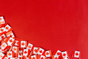 Canadian flags flat lay with copy space, national day celebration.