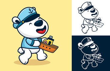 Funny polar bear wearing sailor costume while holding little boat. Vector cartoon illustration in flat icon style