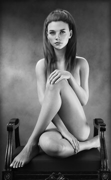 Portrait of a sensual bare but covered female sitting on an elegant bench seat in black and white . 3d rendering
