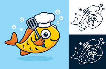 Funny fish wearing chef hat while holding spatula. Vector cartoon illustration in flat icon style