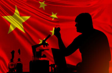 Fellow at institute of virology in China. Silhouette of laboratory assistant on background PRC...