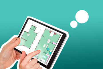 Application architecture concept. Hands with a tablet on a turquoise gradient. Application architecture in a tablet computer. Using application architecture to work. Construction drawing.