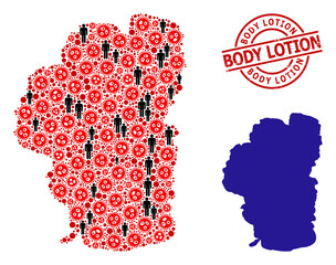 Fototapeta na wymiar Collage map of Tahoe Lake united from covid infection elements and people icons. Body Lotion grunge seal stamp. Black men icons and red covid virus icons. Body Lotion phrase inside round stamp.