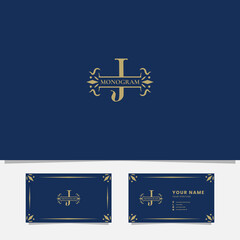 Gold ornamental ribbon on letter J monogram initial logo in blue background with business card template
