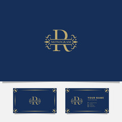 Gold ornamental ribbon on letter R monogram initial logo in blue background with business card template