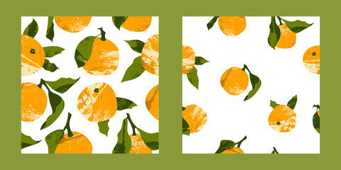 Seamless pattern with juicy mandarin, tangerine, orange, clementine. Fresh citrus fruit, healthy organic food. Ripe fruits with leaves. Vector flat cartoon botanical illustration for textile, wrapping
