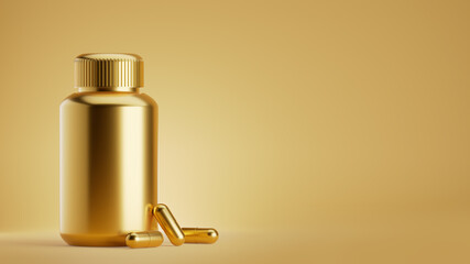 3D rendering of a golden supplement box with capsules