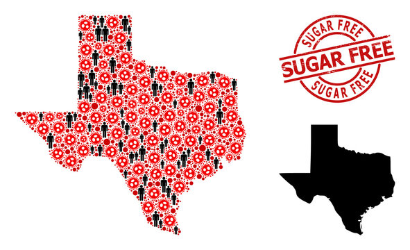 Collage Map Of Texas State United From Virus Outbreak Icons And People Items. Sugar Free Distress Seal Stamp. Black People Elements And Red Covid Virus Icons. Sugar Free Text Inside Round Seal Stamp.