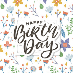 Beautiful happy birthday greeting card with flowers and bird. Vector party invitation with floral elements.