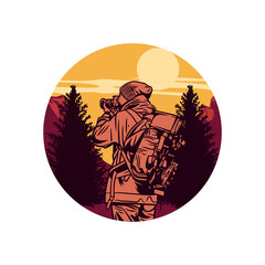 vector artwork hiking man take picture with his camera flat illustration