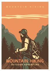 poster design mountain hiking outdoor adventure with man hiking vintage illustration